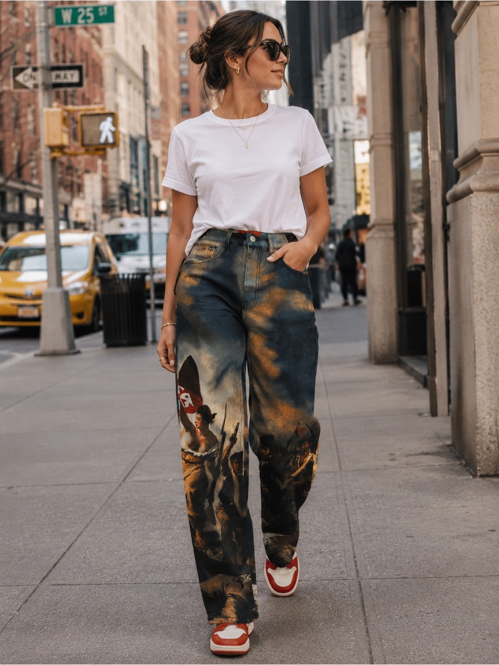Artist-Print Wide Leg Jeans in Multicolor